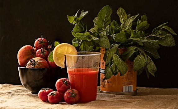 A refreshing glass of tomato juice with fresh basil, mint, and a slice of lemon on a rustic table.